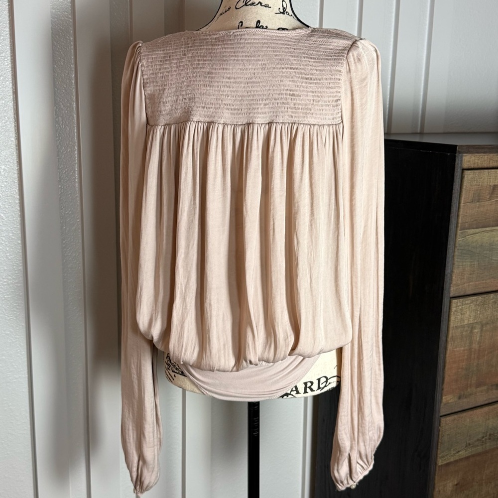 Intimately Free People Blush Pink Long Sleeve Bodysuit Boho Smocked Medium - Picture 5 of 9
